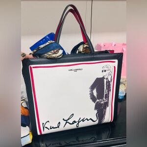 Black Tote Bag with Red Trim and Scarf Accent Karl Lagerfeld